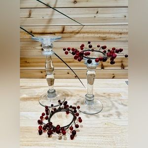 Pottery Barn crystal candle holders with removable candle ring berries.
